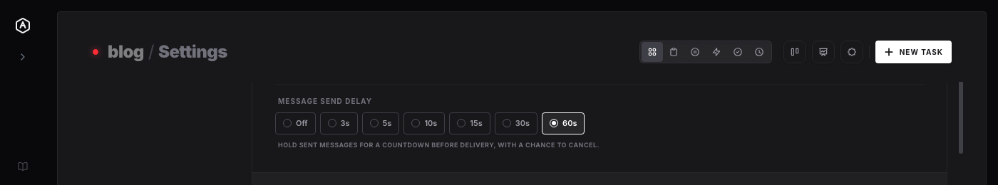 The Message Send Delay setting in Workspace Settings, showing Off, 3s, 5s, 10s, 15s, 30s, and 60s options as a button group