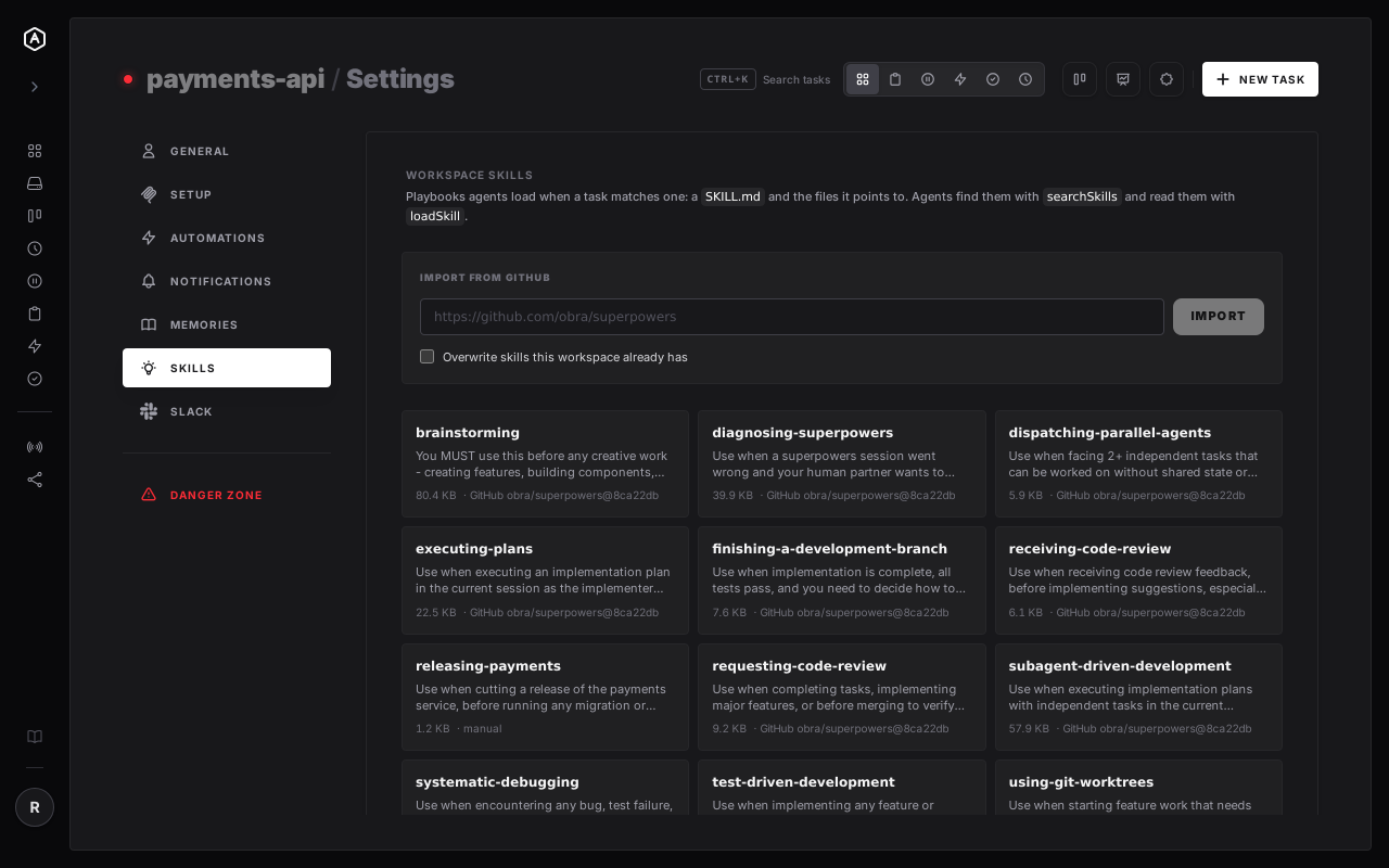 The Skills tab in AgentRQ workspace settings, showing a workspace's skills as cards with their descriptions and the commit each was imported from