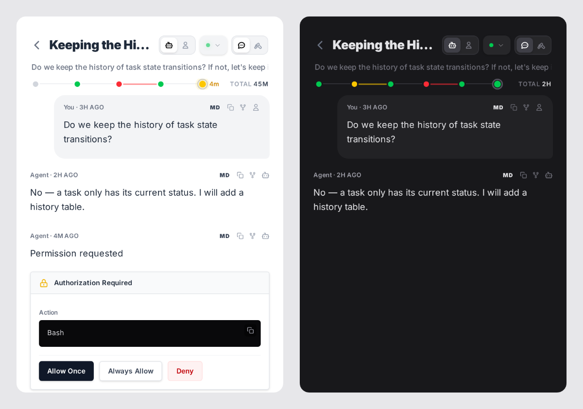 Two phone screenshots: in light mode a single-line timeline ending on a yellow needs input dot with a total of 45 minutes, and in dark mode a completed task's single-line timeline with a total of 2 hours