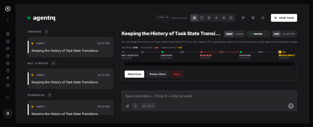 An ongoing AgentRQ task in dark mode whose timeline ends on a pulsing yellow needs input dot at 4 minutes, above a permission request with Allow Once, Always Allow and Deny