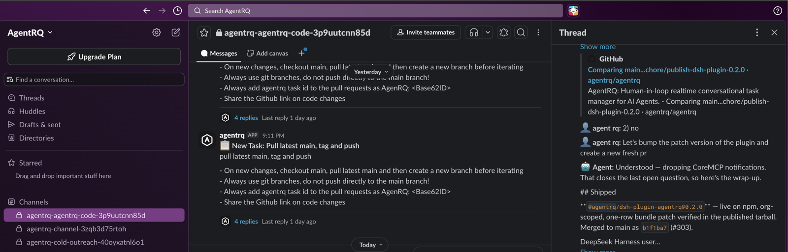 A shared AgentRQ workspace channel in Slack — task threads, replies, and a linked GitHub PR, visible to the whole team