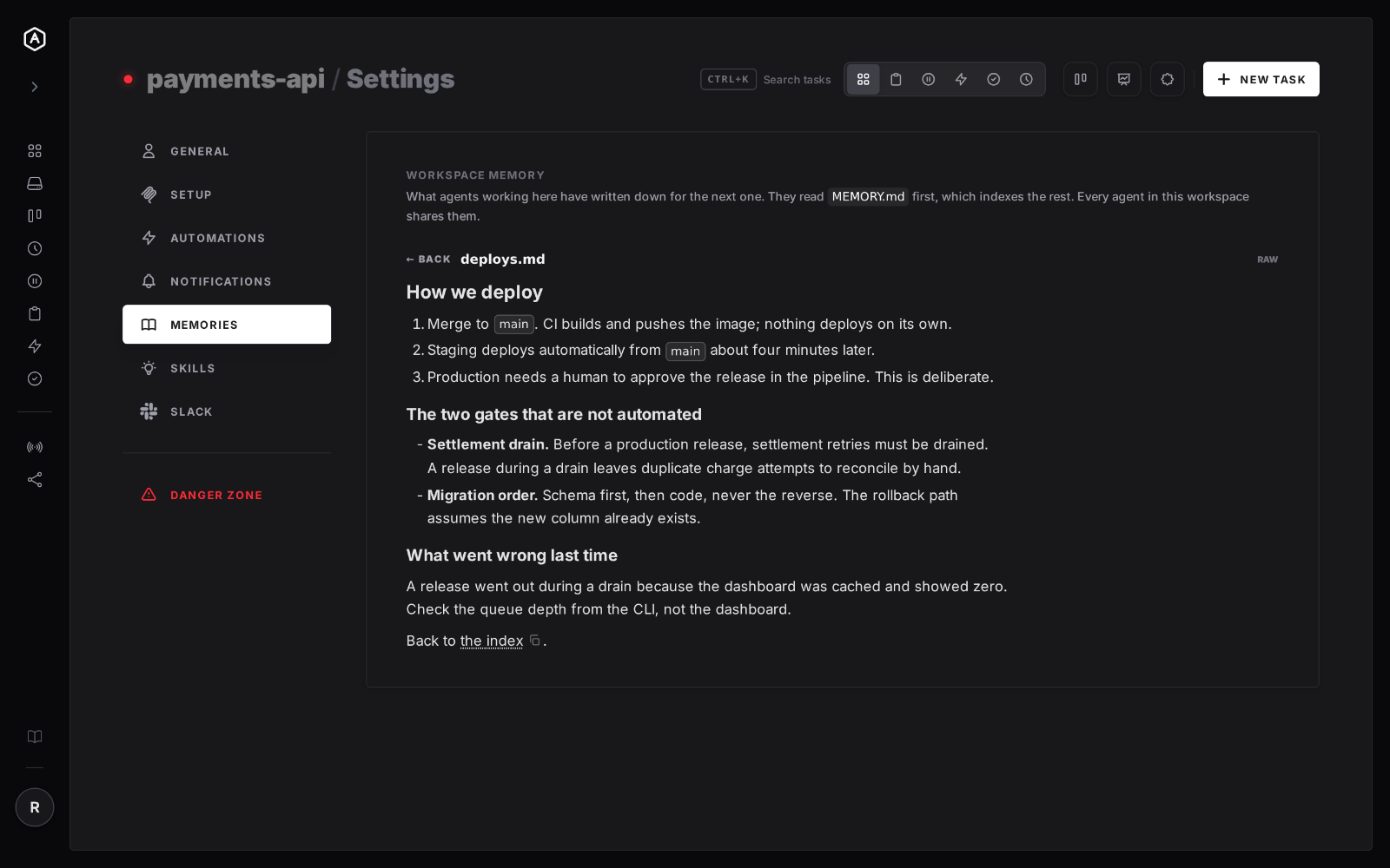The Memories tab after following a memory:// link, showing the deploys.md memory opened in place with release steps and manual gates, and a Back link to the index
