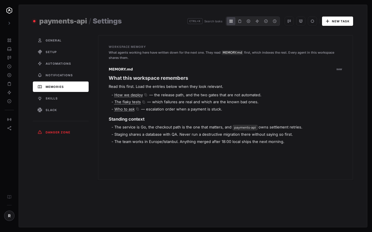 The Memories tab in AgentRQ workspace settings, showing the memory index an agent wrote and its links to named memories