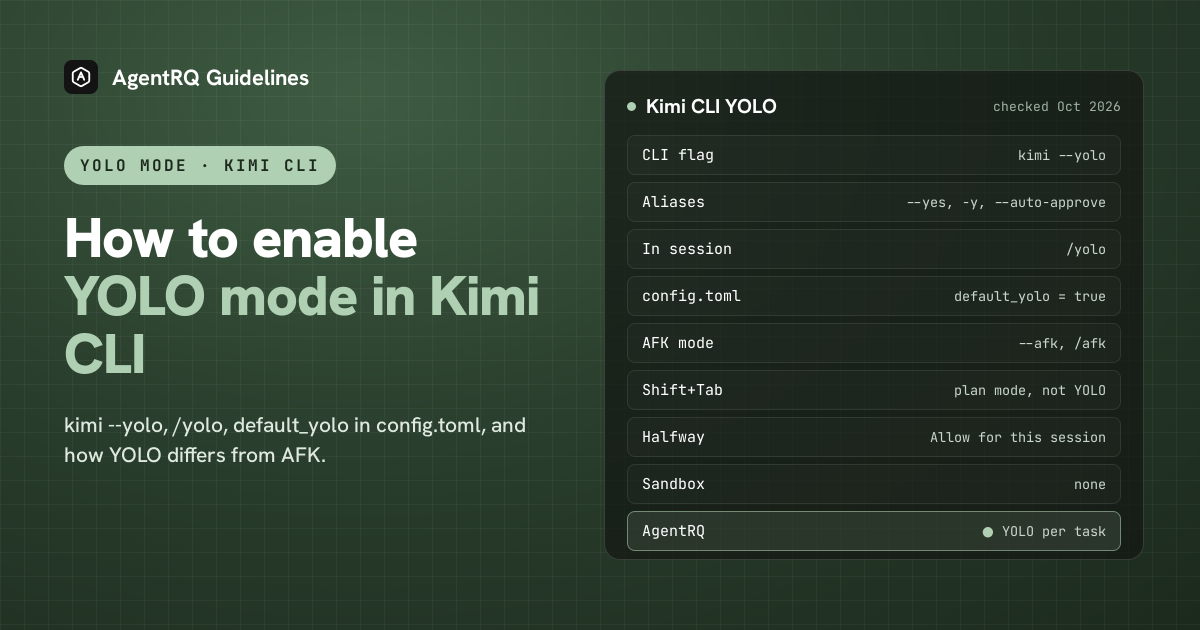 Kimi CLI YOLO mode at a glance: kimi --yolo, /yolo, default_yolo, --afk, and per-task YOLO in AgentRQ