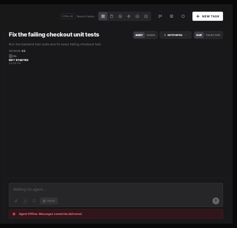 The YOLO toggle on a task in AgentRQ being switched on, then off again