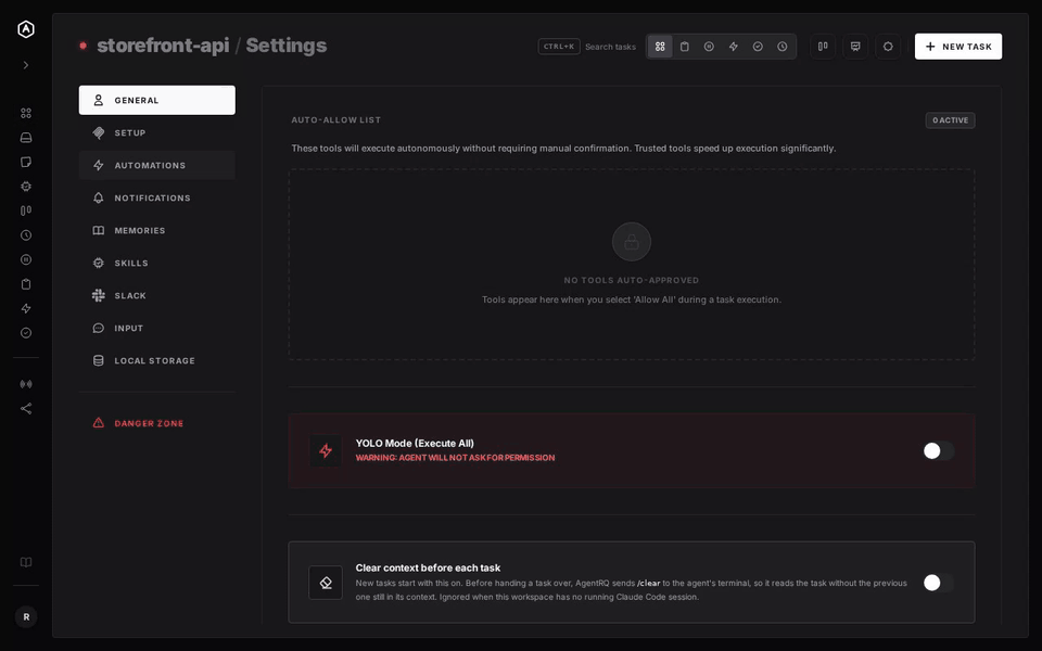 Workspace Settings in AgentRQ: the YOLO Mode (Execute All) switch turned on and saved, then off and saved